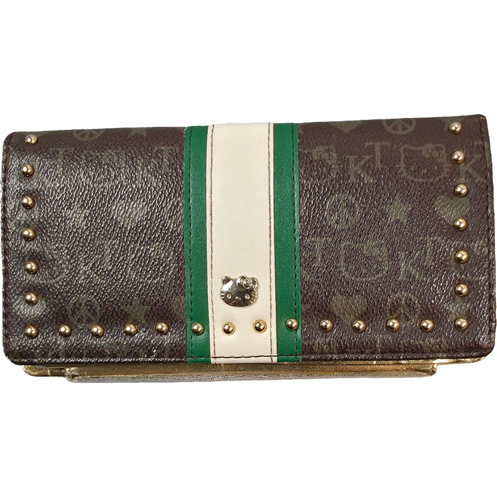 Sanrio Hello Kitty Funky Divas Trifold Wallet Brown Gold Studded Monogram Stripe
